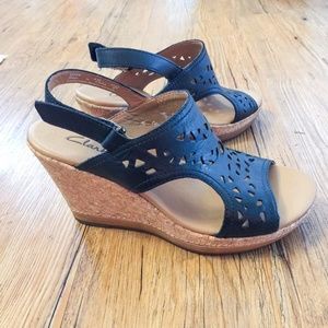 CLARKS black leather cork wedge peep toe Size 6